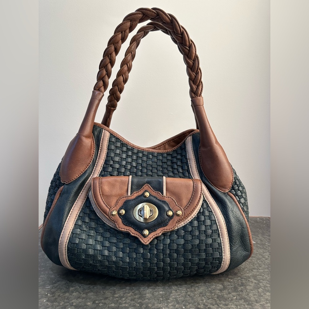 Isabella Fiore Multi-Textured Black, Brown, and Tan Oversized Leather Hobo Bag